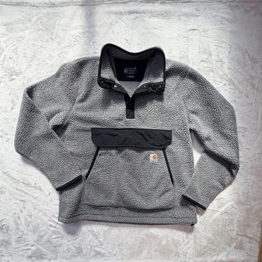 Carhartt Sherpa Fleece Pullover Relaxed Fit 3/4‎ T Snap Grey Black Men's Size M